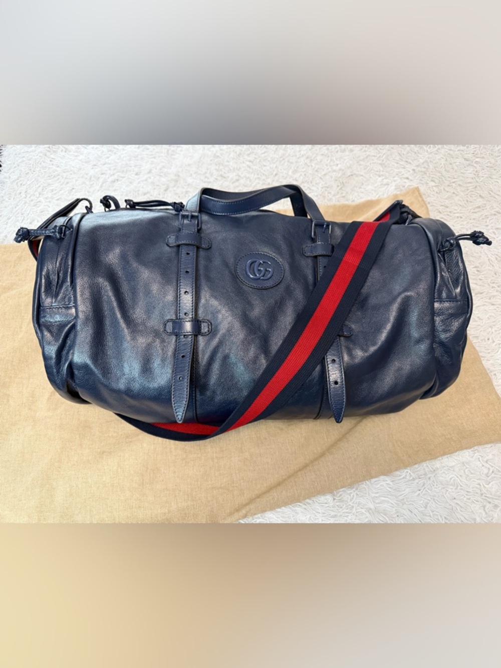 Gucci GG Logo Deep Blue Buffalo Leather Duffle Tote